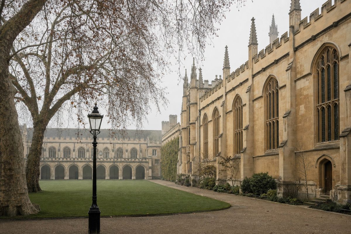 Empty stone college court at the University of Cambridge on an overcast afternoon