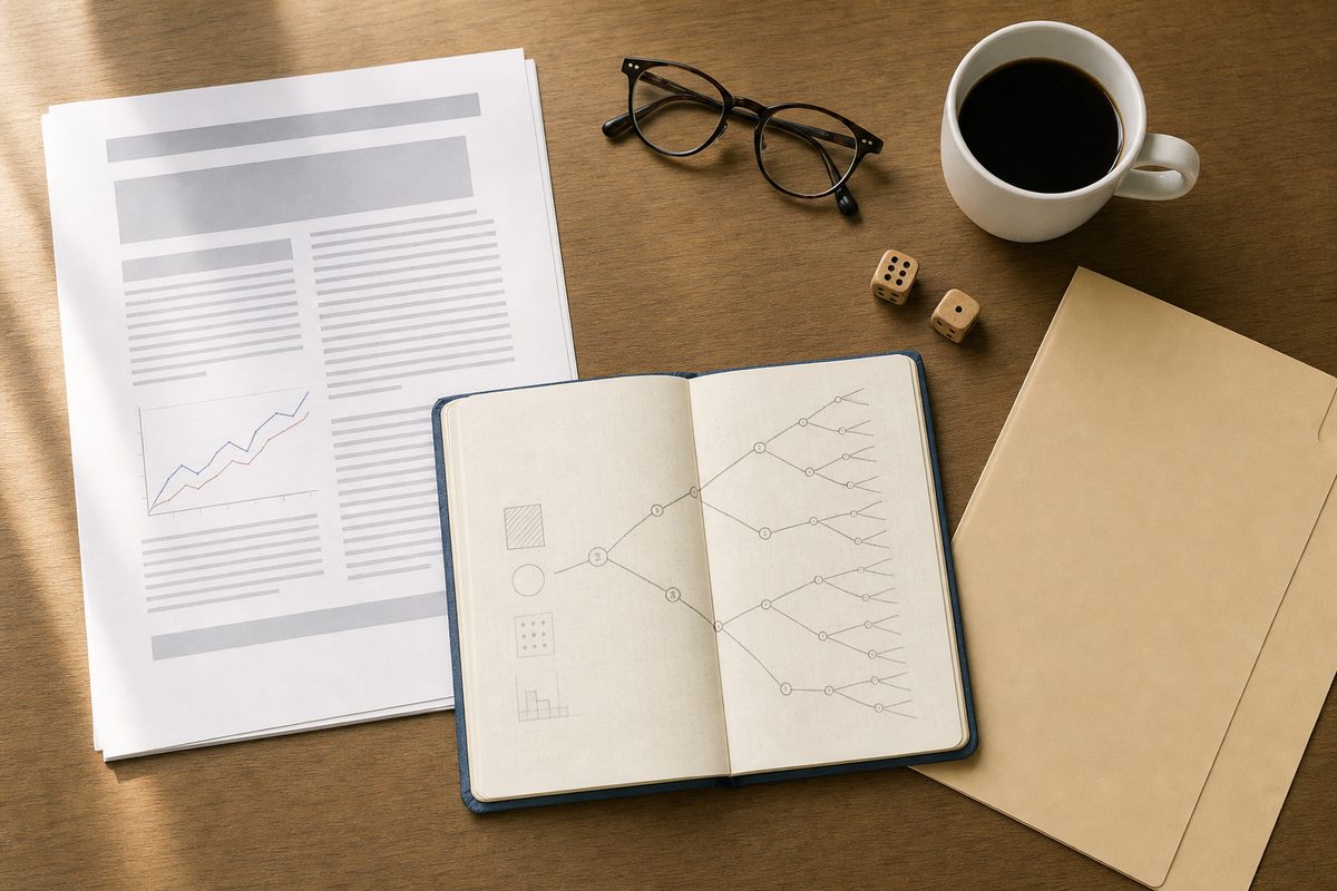 Working paper, notebook of decision-tree diagrams, reading glasses and two dice on a desk